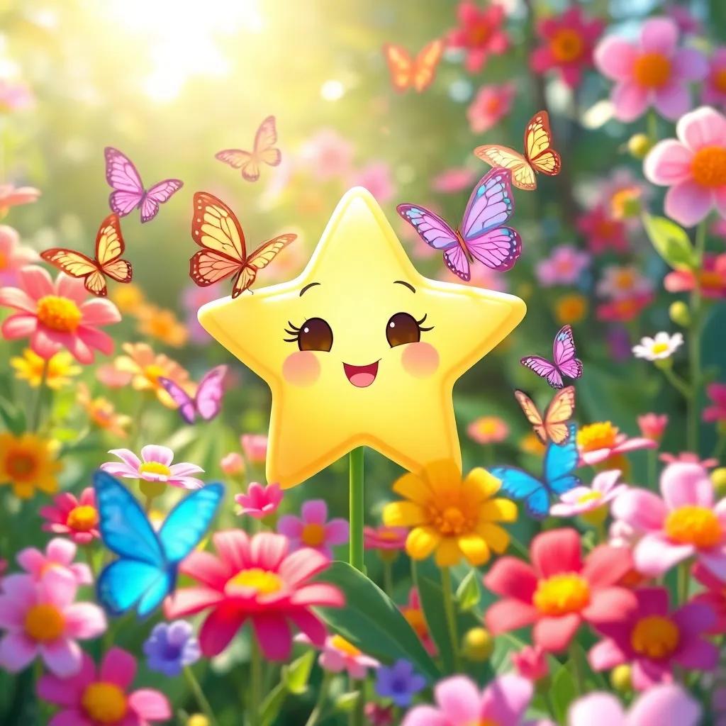 Stella, the star, surrounded by colorful butterflies dancing around vibrant flowers in a beautiful garden, cheerful and lively scene, bright sunlight, whimsical design, child-friendly