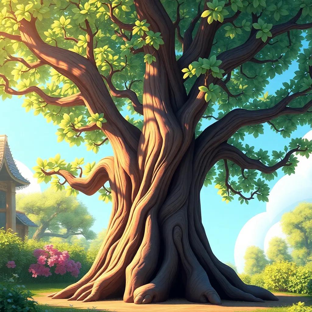 A wise old tree with deep roots and shiny leaves, standing tall in the garden with warm sunlight filtering through the branches, welcoming and friendly, illustration, colorful and inviting