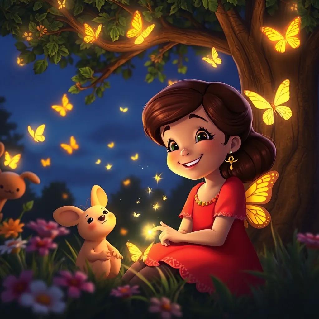 Stella smiling with newfound friends in the garden, the tree and butterflies surrounding her as the sky darkens and she twinkles brightly, heartwarming scene, rich colors, cozy atmosphere