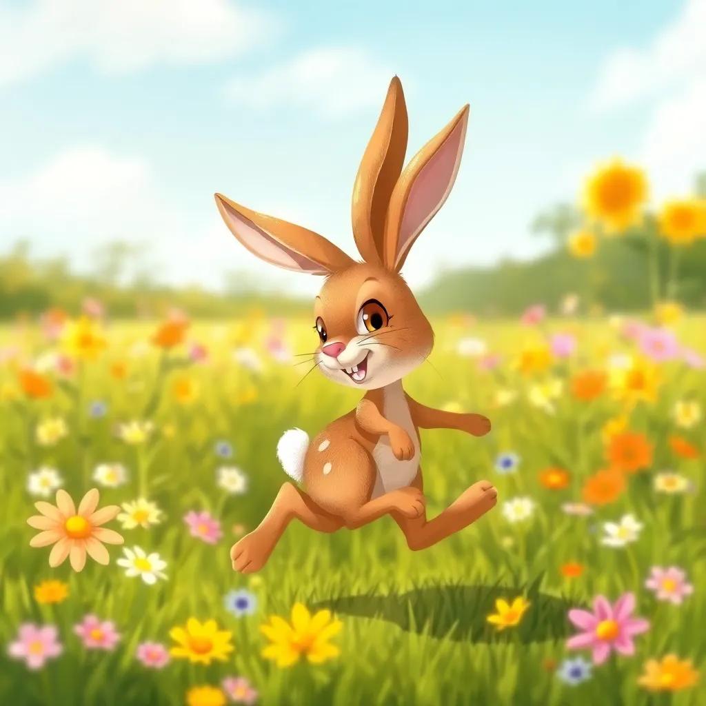 A fast hare, Lía, with brown fur and big ears, playfully hopping in a sunny meadow, colorful flowers around her, illustration, cheerful, vibrant colors, child-friendly, high quality