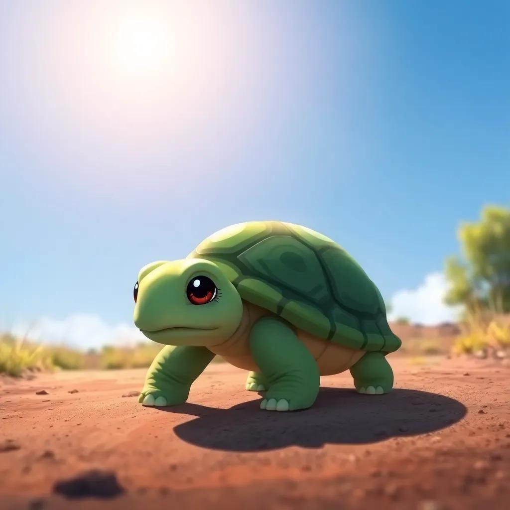 A slow turtle, Tula, with green shell and gentle eyes, walking steadily on a dirt path under a bright blue sky, illustration, warm colors, perseverant atmosphere, high quality