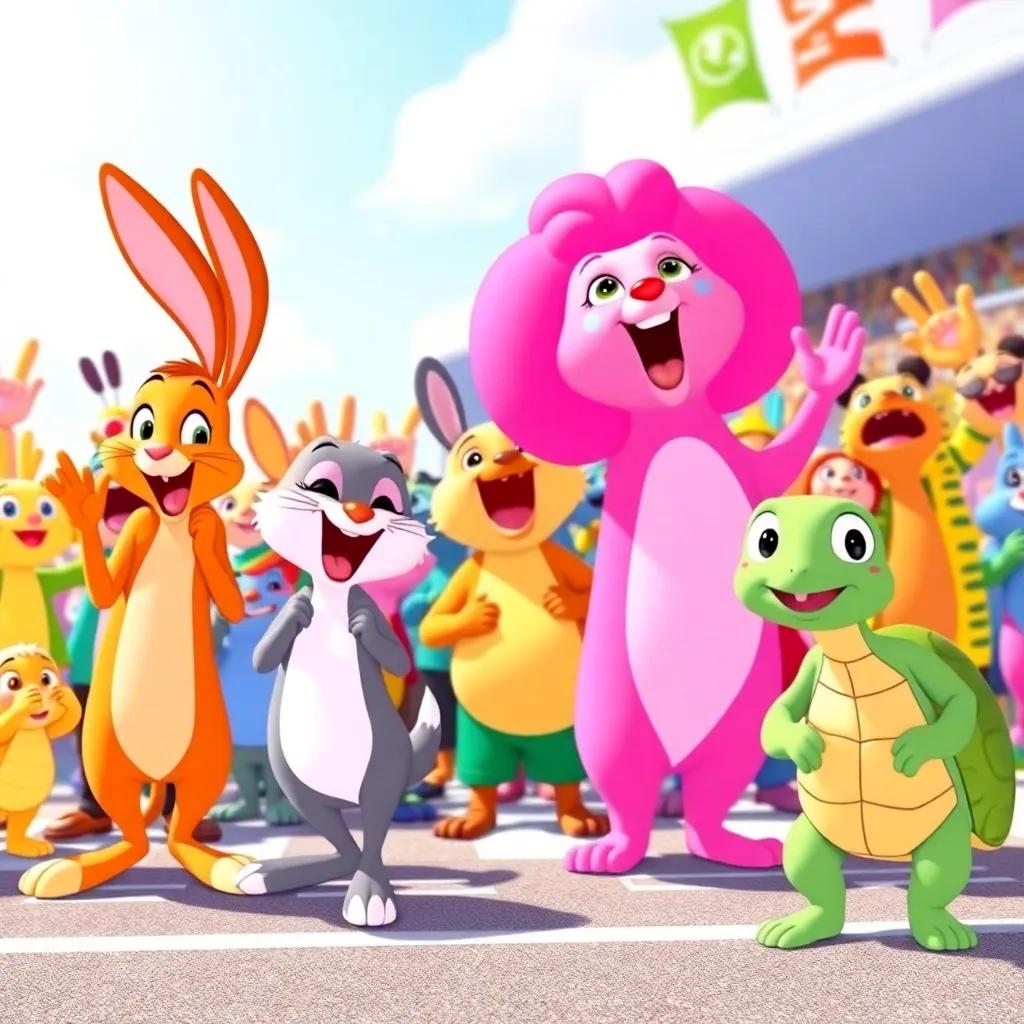 Excited animals cheering at the starting line of a race, various colors and shapes, with Lía the hare on one side and Tula the turtle on the other, bright sunny day, illustration, colorful, happy scene, high quality