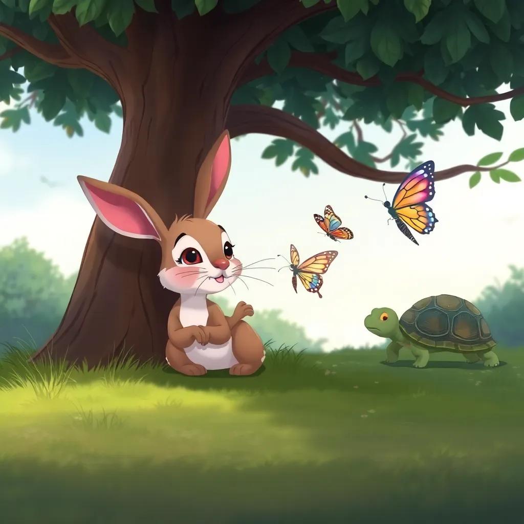 A playful hare, Lía, resting under a shady tree, watching a butterfly with a whimsical expression, while Tula the turtle moves steadily in the background, illustration, soft colors, peaceful environment, high quality