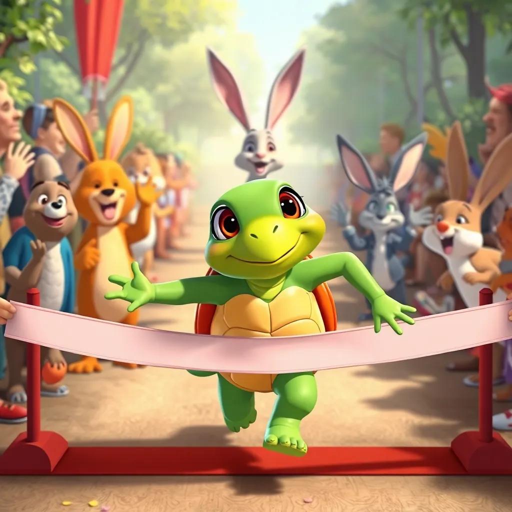 Tula the turtle crossing the finish line, with cheering animal friends all around her, Lía the hare appearing surprised in the background, dynamic illustration, bright colors, celebration atmosphere, high quality