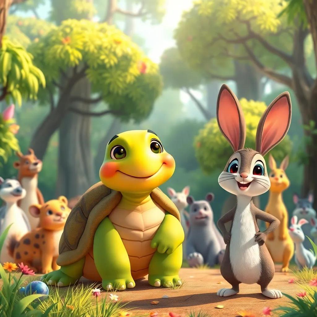 A lively forest with various animals gathering around, a wise turtle named Tula with a gentle smile, and a proud hare named Lina looking excited, colorful illustration, cheerful atmosphere, warm sunlight, high quality