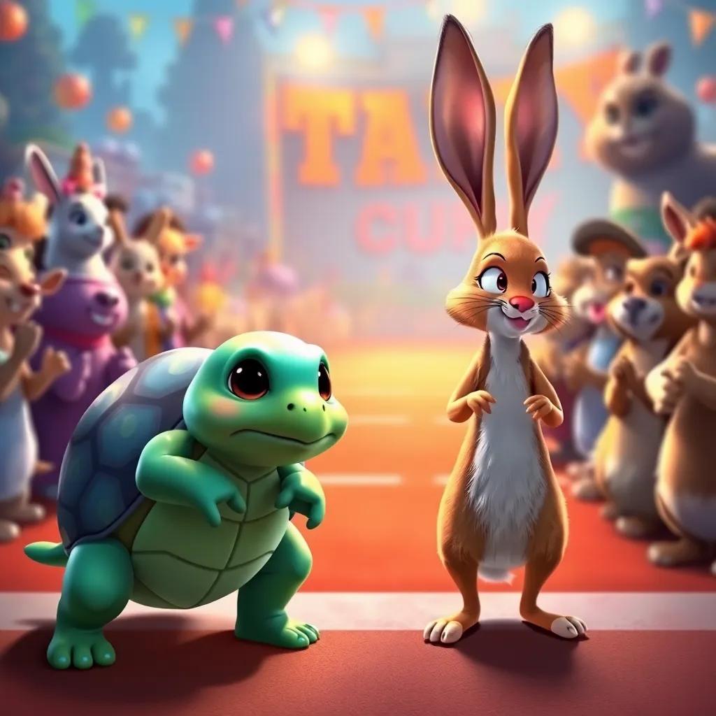 Tula the turtle on the starting line, looking determined, and Lina the hare looking confident, surrounded by applauding animals, detailed digital art, festive colors, vibrant scene, engaging view