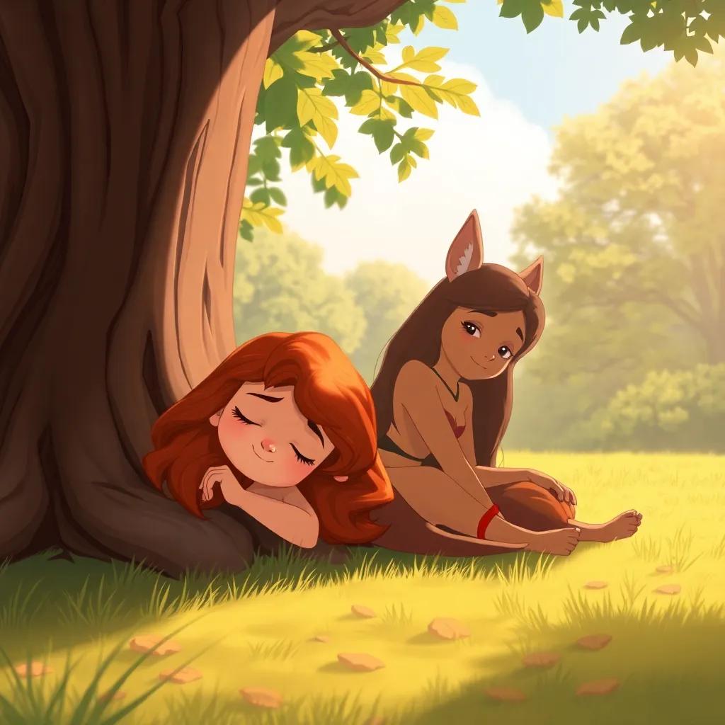 Lina resting under a tree, sleeping comfortably with a relaxed expression, while Tula continues her slow but steady progress, serene illustration, soft sunlight, peaceful vibe, high quality
