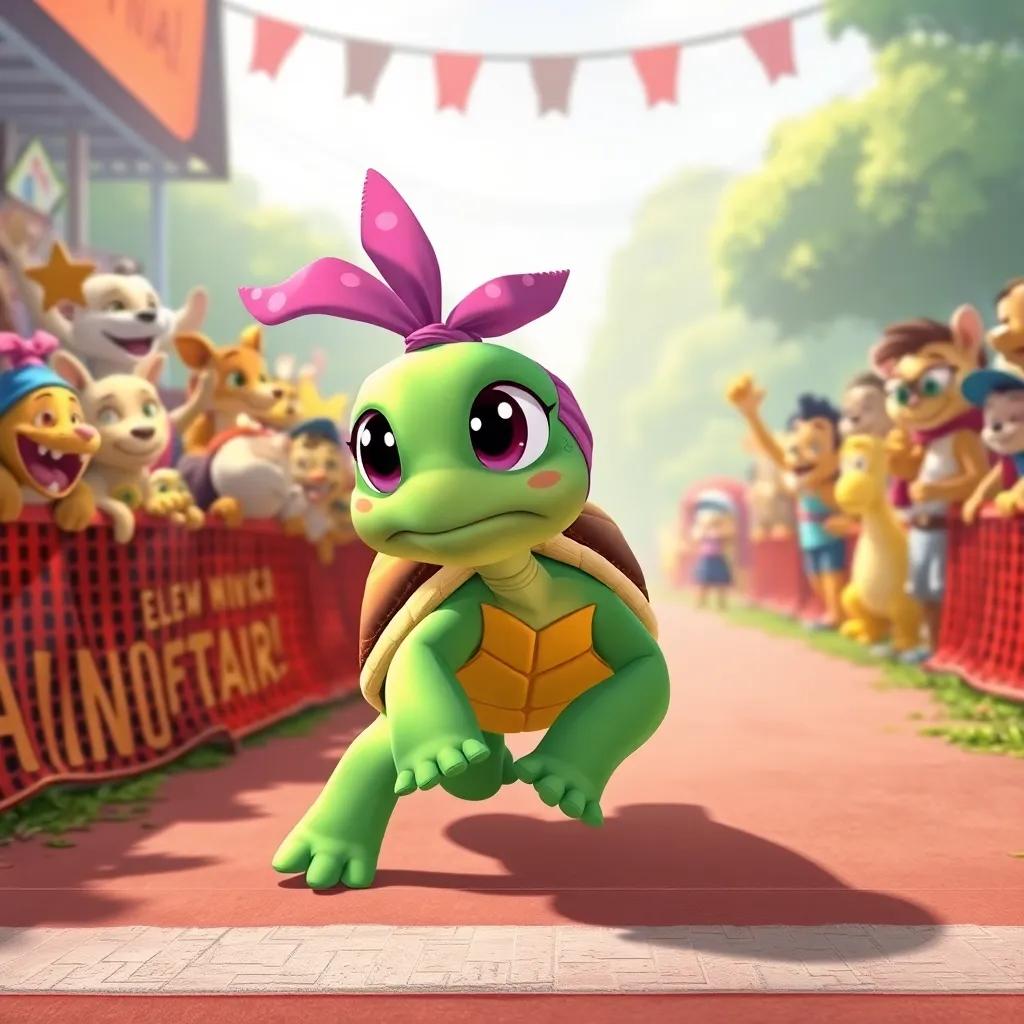 Tula the turtle moving steadily with focus, inching closer to the finish line, animals cheering in the background, encouraging atmosphere, colorful illustration, inspiring view, high quality