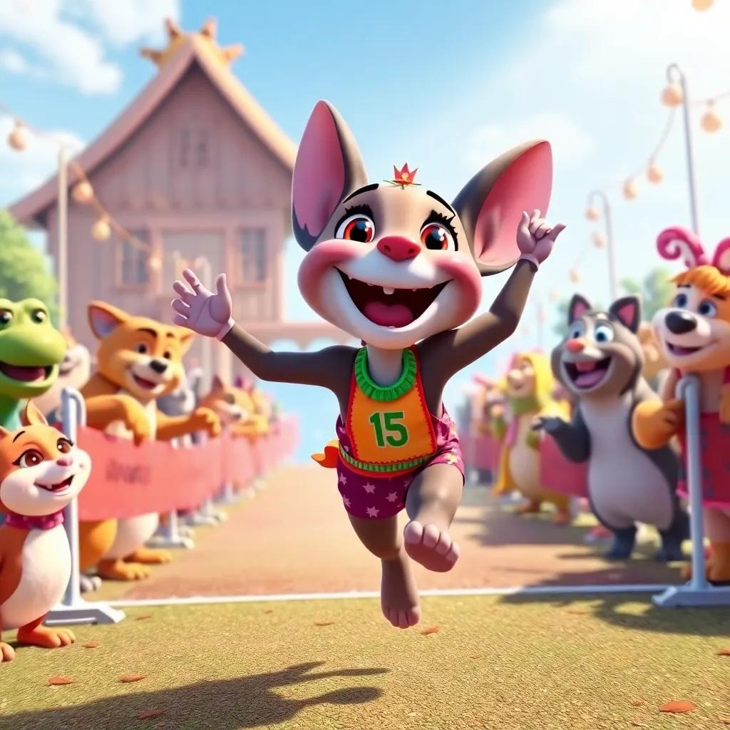 Tula crossing the finish line with joy, all the animals celebrating her victory, vibrant colors, festive atmosphere, heartwarming scene, high quality
