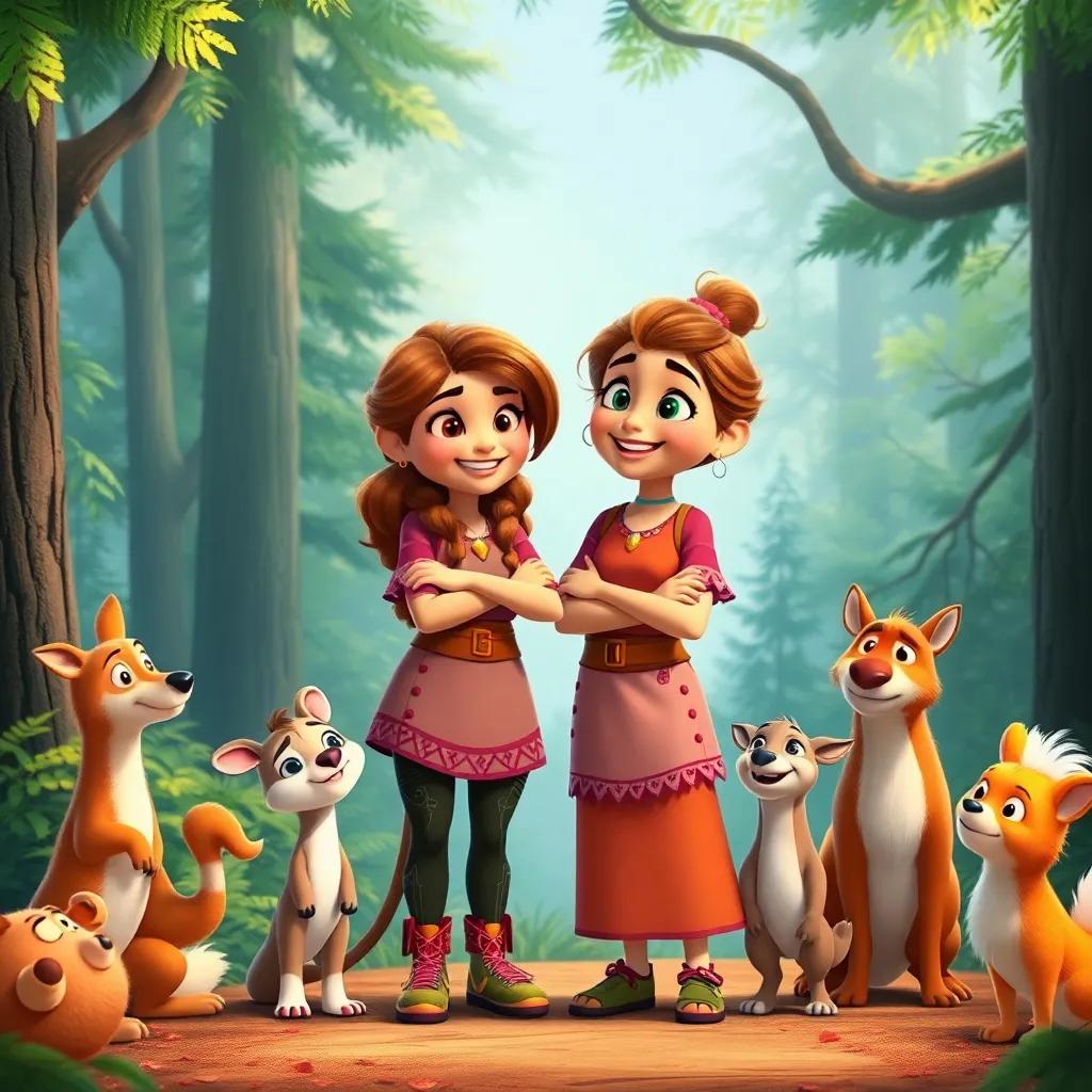 Tula and Lina standing together, happily smiling at each other, surrounded by the forest animals, teaching them the value of determination, warm and inviting colors, cheerful vibe, high quality