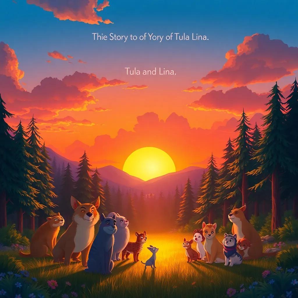 A beautiful sunset over the forest, with all the animals gathered, remembering the story of Tula and Lina, peaceful illustration, vibrant colors, heartwarming message, high quality