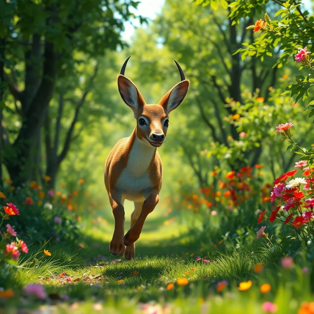 Un ciervo rápido, Rápido, con pelaje marrón brillante, corriendo por un bosque verde lleno de árboles y flores de colores, digital art, brillante, vibrante, perspectiva alegre, alta calidad