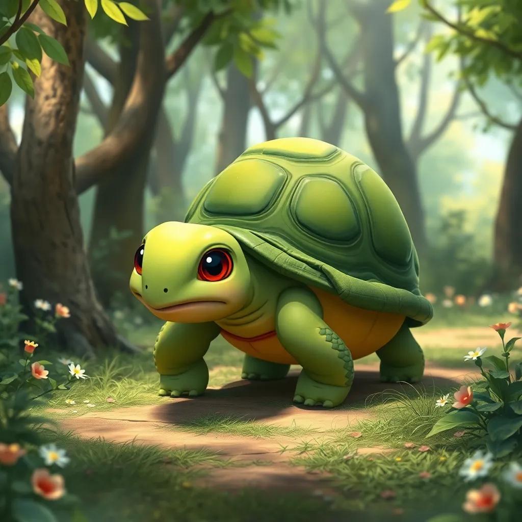 Lenta, una tortuga amigable, con un caparazón verde y ojos cálidos, caminando despacio por el mismo bosque, con un fondo de árboles y flores, ilustración, amigable, vista alegre, alta calidad