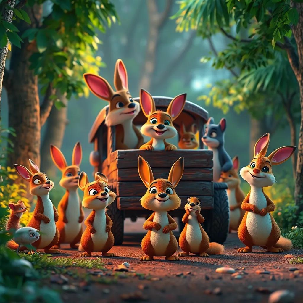 Los animales del bosque, reunidos alrededor de la carrera, algunos pájaros y conejos mirando emocionados, un ambiente animado y colorido, arte digital, escena divertida, iluminada, alta calidad