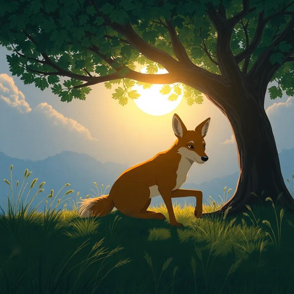 Rápido durmiendo bajo un árbol, con el sol brillando, mientras Lenta avanza lentamente en la carrera, ilustración bella, cálida y acogedora, enfoque en el ciervo, alta calidad