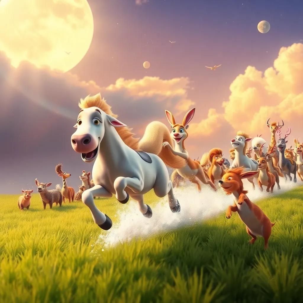 Lenta cruzando la meta con una gran sonrisa, y Rápido llegando justo detrás, todos los animales aplaudiendo y celebrando, arte alegre y vibrante, con colores brillantes, alta calidad