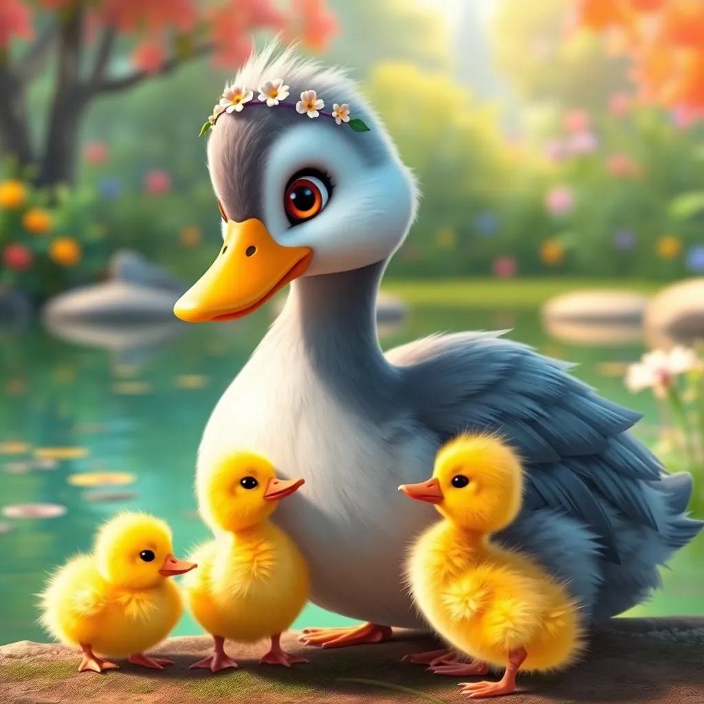 A mother duck named Pati with soft gray feathers, wearing a small flower crown, standing by a pond with her four small, fluffy yellow ducklings, vibrant nature in the background, digital art, cheerful, warm light, realistic details, high quality