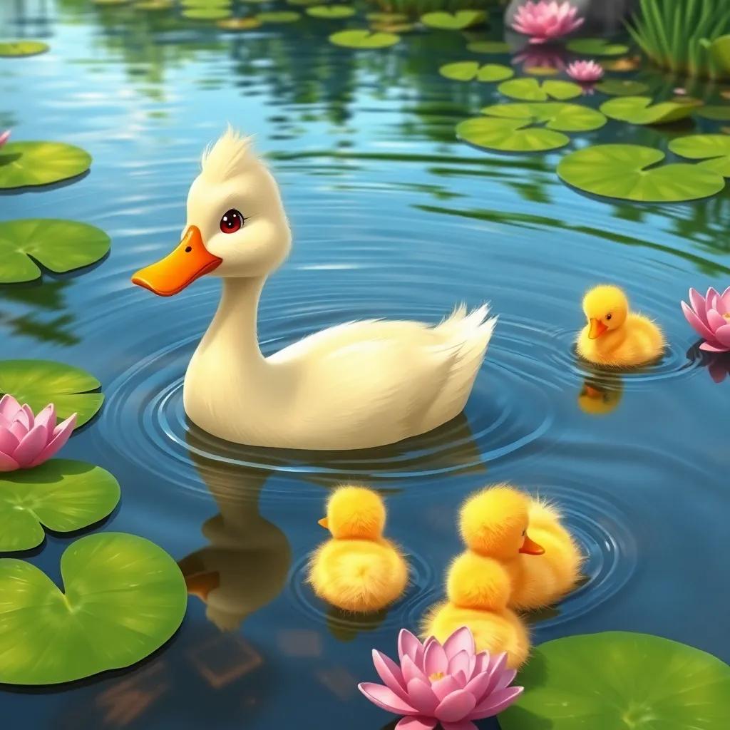 Pati, the mother duck, guiding her fluffy yellow ducklings as they swim in a pond with rippling water and lily pads, vibrant colors, summer day, playful atmosphere, digital painting, fun and colorful, high quality
