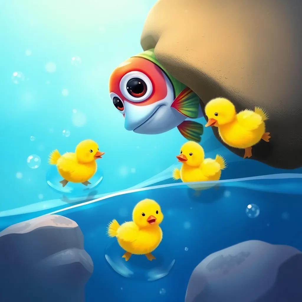 A curious fish with bright colors peeking from behind a rock, surrounded by bubbly water, observing the four fluffy yellow ducklings swimming joyfully, digital illustration, vibrant and cheerful, playful scene, high quality