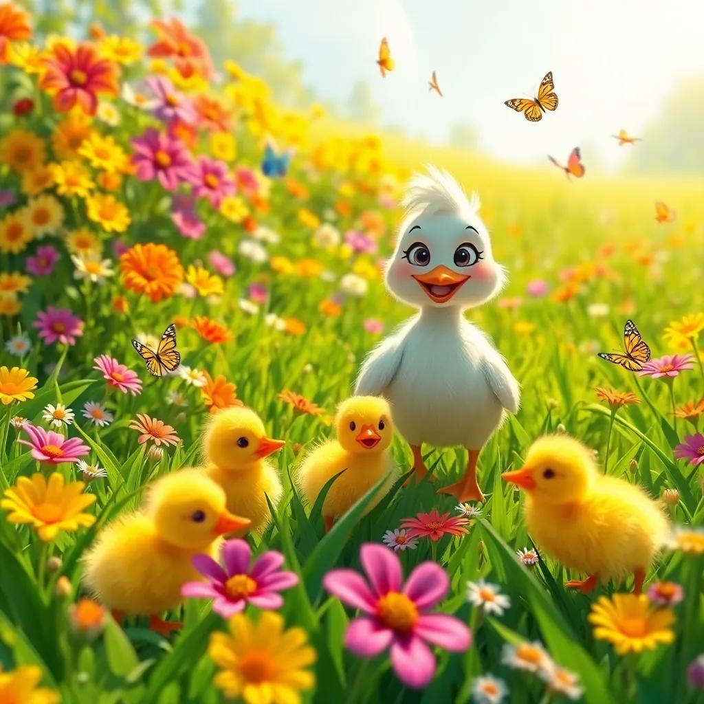 A beautiful green field filled with colorful flowers and butterflies fluttering around, with Pati and her fluffy yellow ducklings exploring the area with smiles, bright sunlight, happy atmosphere, vibrant colors, digital art, high quality