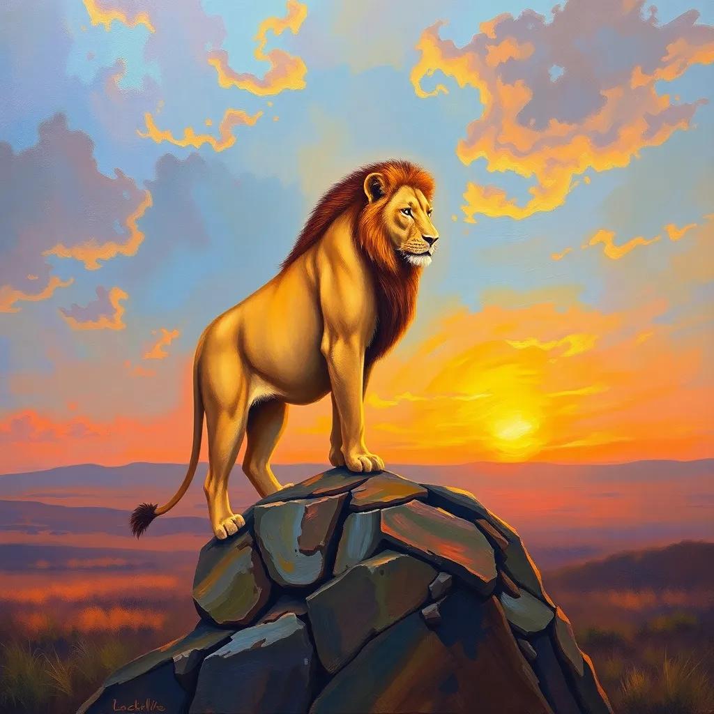 A sad lion standing on a high rock with a heavy heart, looking over the savannah, softly colored, sunset light, warm colors, emotional atmosphere