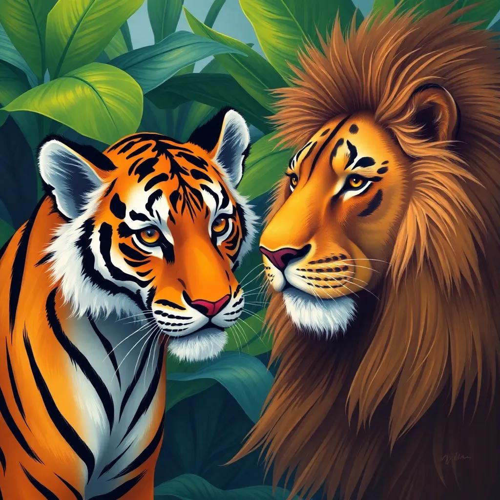 A friendly tiger with striped fur approaching the lion, with a concerned expression, tropical plants in the background, digital art, vibrant colors, focus on friendship