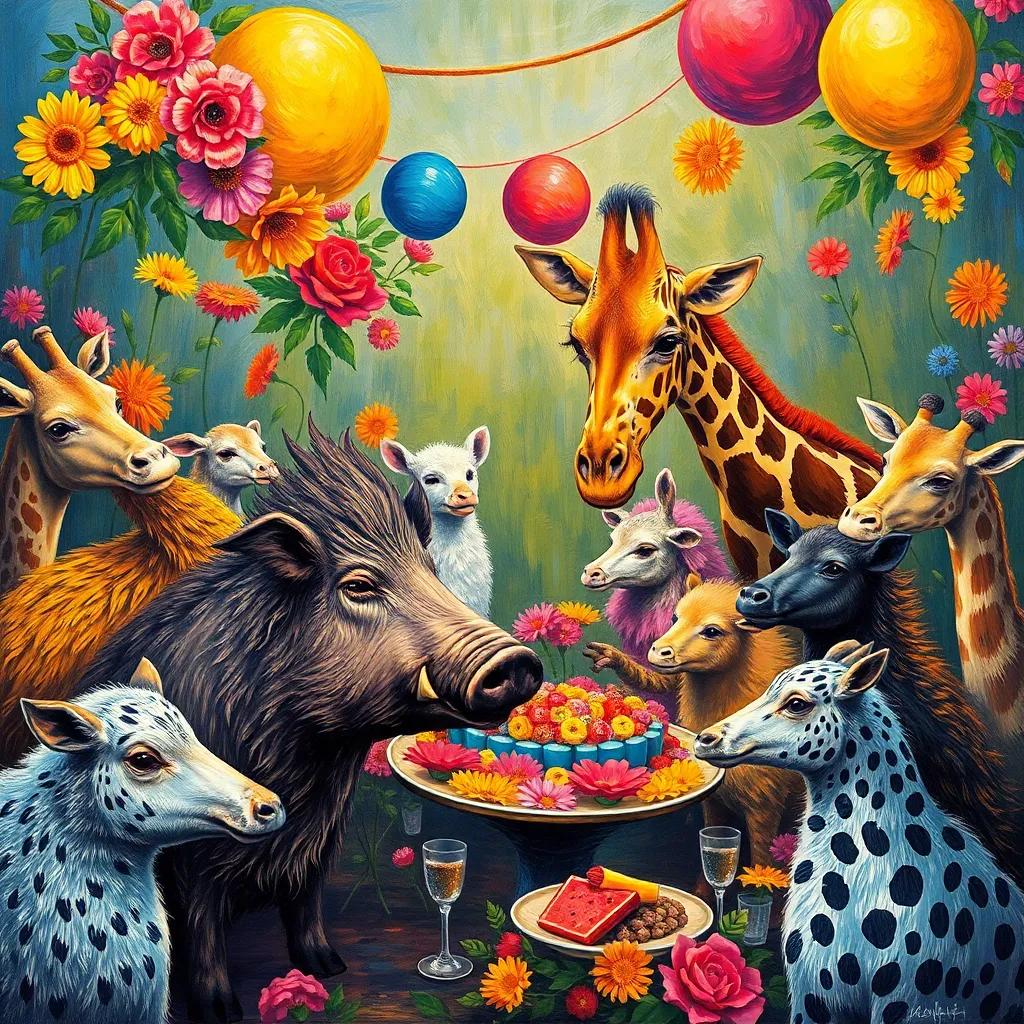 A vibrant scene of various animals planning a party, with a boar and giraffe decorating with colorful flowers, lively atmosphere, bright colors