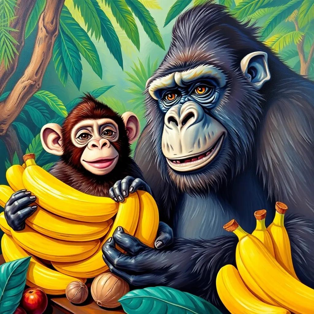 A monkey and gorilla gathering bananas and nuts for the party, lively jungle background, cheerful expression, colorful and animated