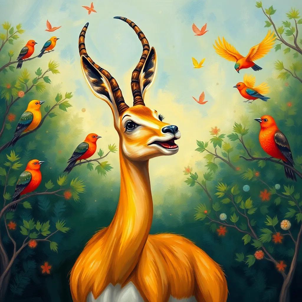 Colorful birds singing in trees, a gazelle announcing the party joyfully, with lightheartedness and excitement, soft morning light, whimsical scene