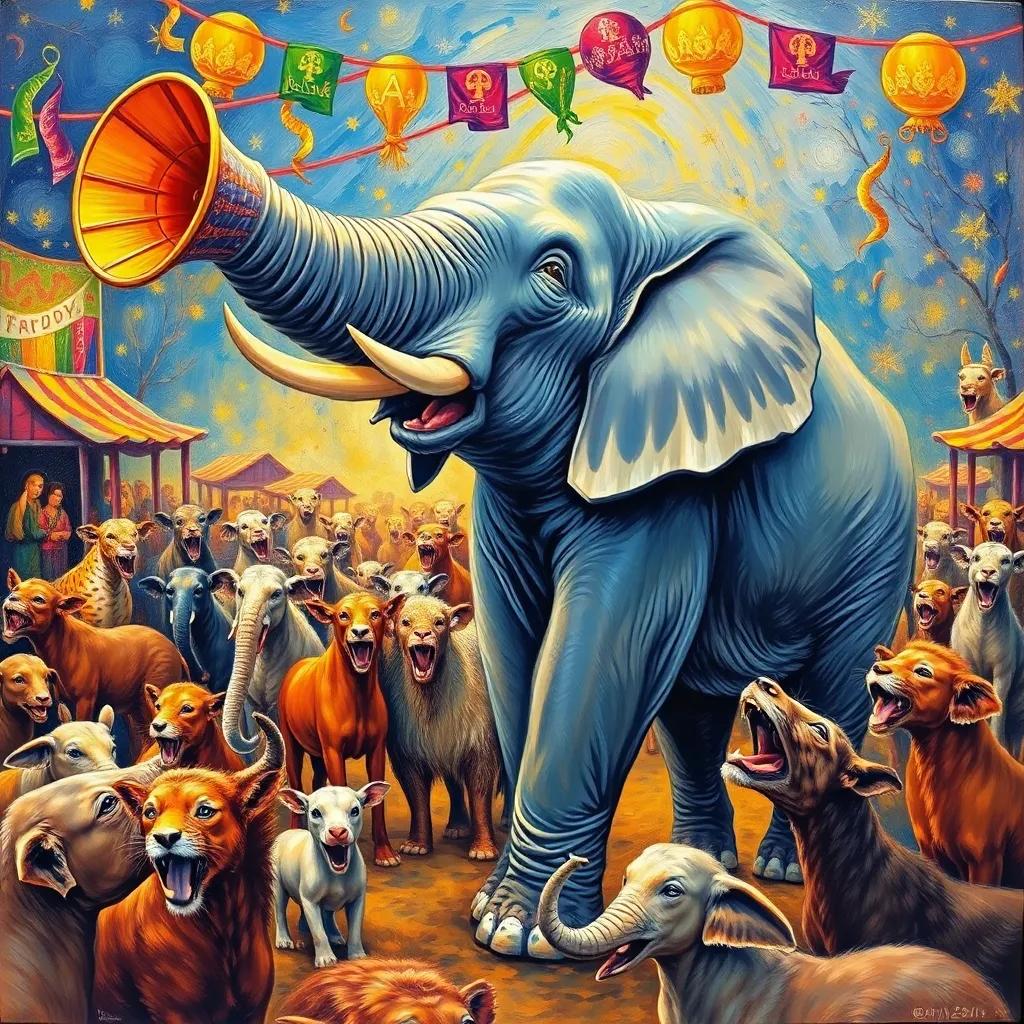 An elephant trumpeting loudly, announcing the beginning of the festivities, surrounded by excited animals, a festive atmosphere, bright colors