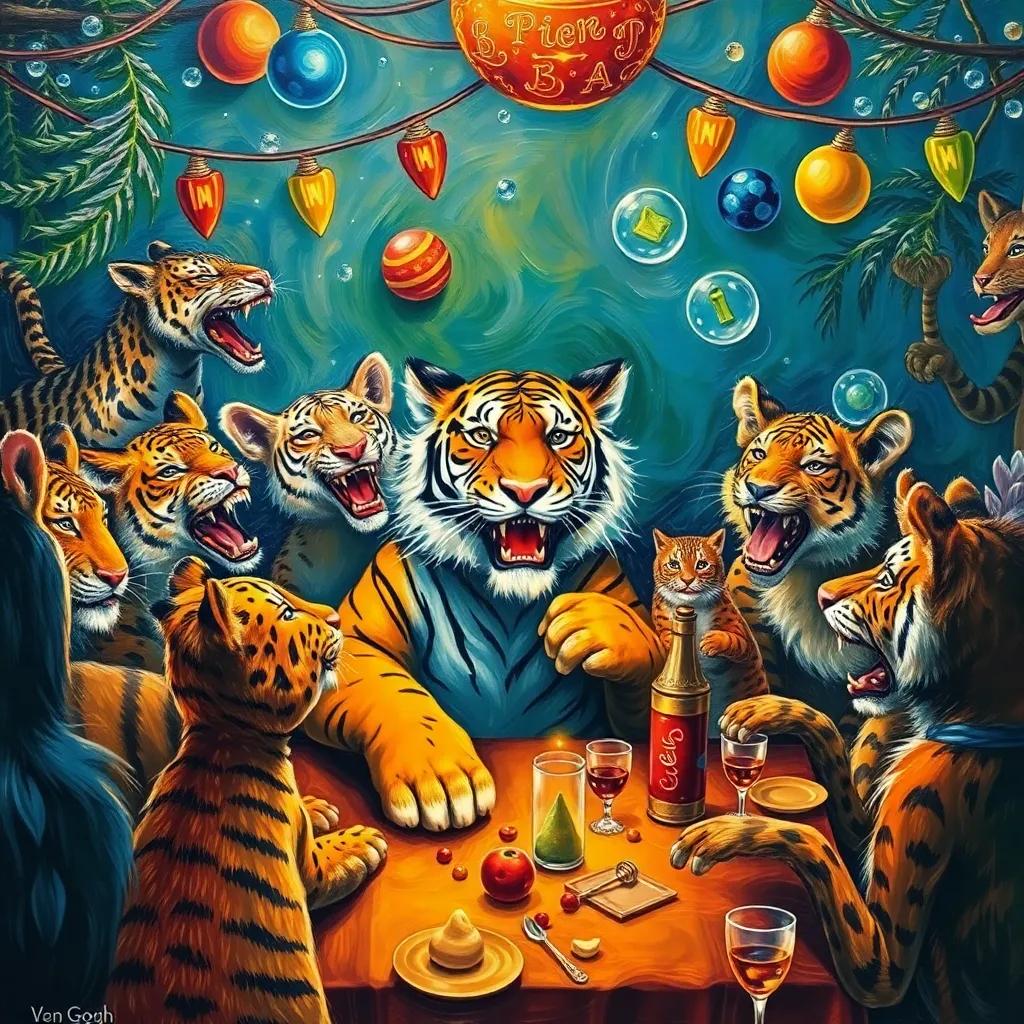 A scene of animals enjoying the party, with lots of games and laughter, the tiger telling jokes, rich colors and dynamic movements, fun atmosphere