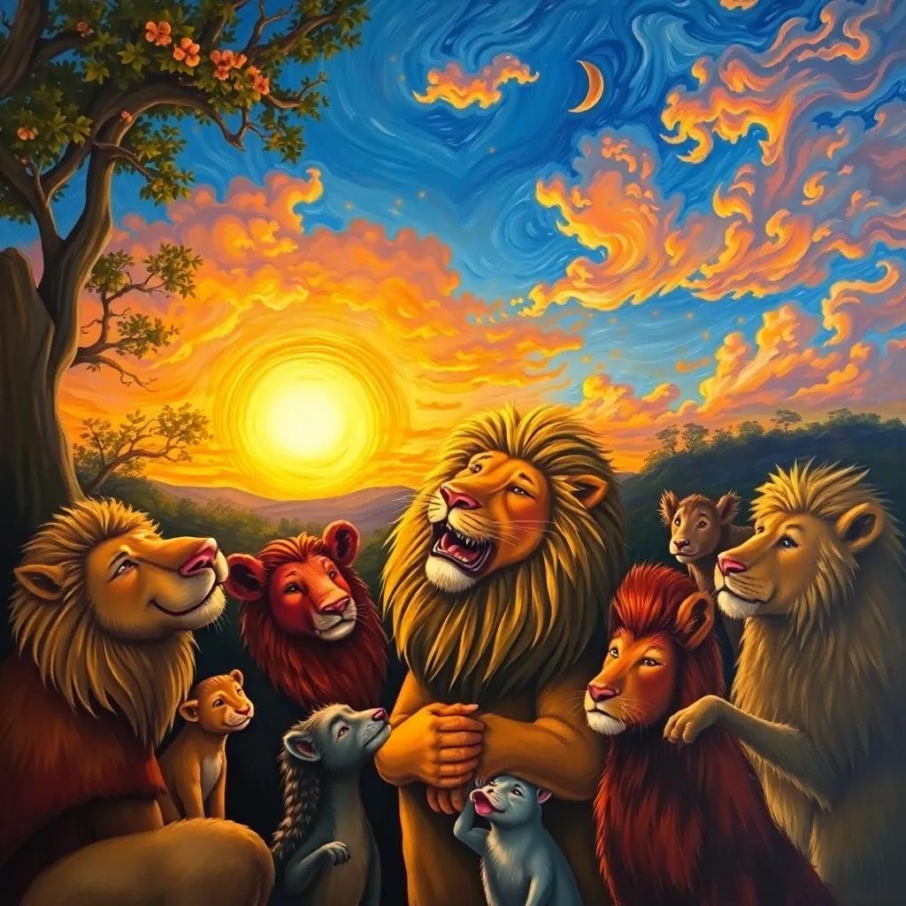 A happy lion thanking all his friends under a beautiful sunset, animals gathered together, warm light, heartfelt atmosphere, friendship and gratitude