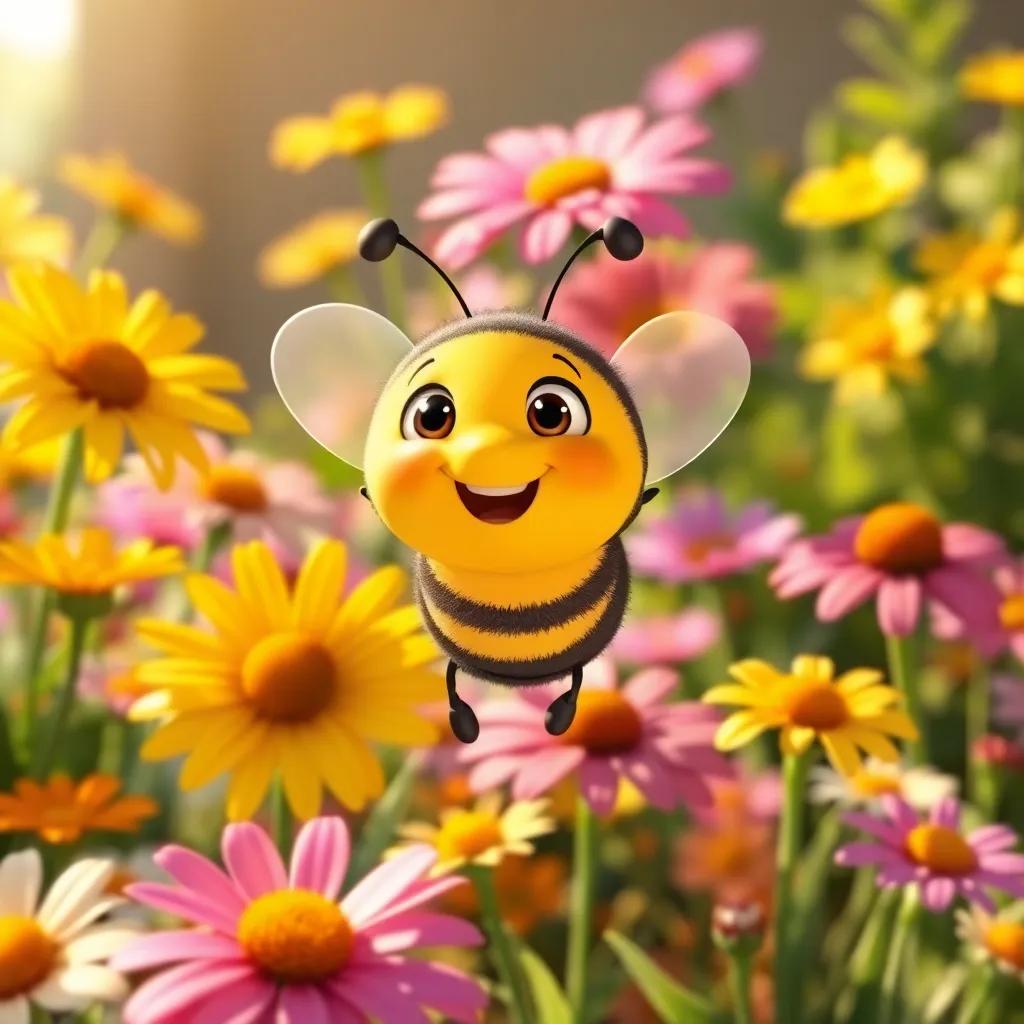 A small, cheerful bee named Bella, with bright yellow and black stripes, buzzing excitedly among colorful flowers in a sunny garden, digital art, vibrant colors, warm light, cheerful atmosphere, high quality