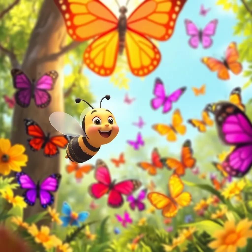 Bella, the small bee, flying joyfully towards a gathering of colorful butterflies in a sunny forest, butterflies in bright colors, digital illustration, lively scene, child-friendly, high detail