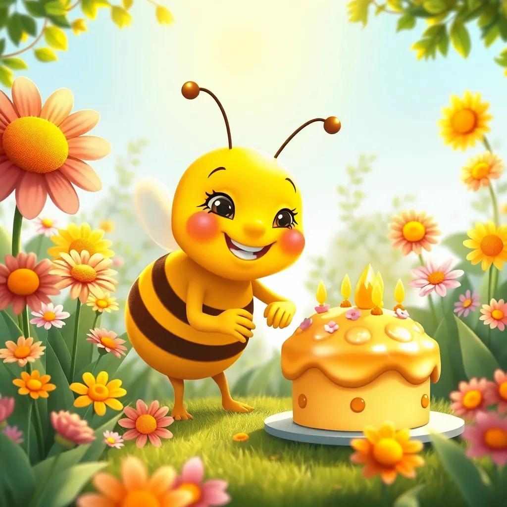 Bella, the bee, with a bright smile, decorating a beautiful spot with flowers and a delicious honey cake in a sunny garden, colorful flowers and shiny cake, illustration, whimsical, child-friendly, inviting atmosphere