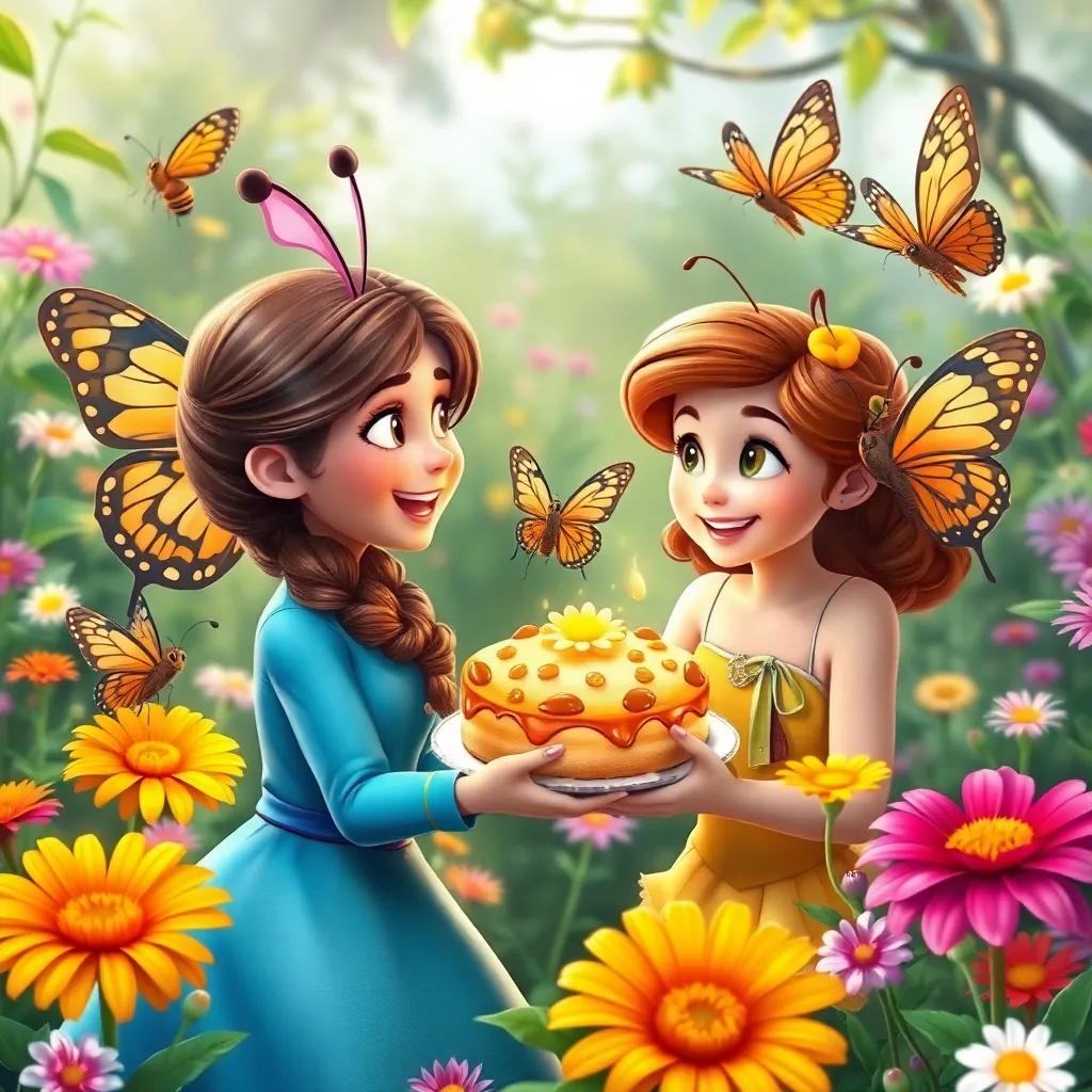 Bella cheerfully showing her honey cake to amazed butterflies in the garden, colorful flowers around them, all characters smiling, digital painting, colorful, joyful moment, vivid imagery