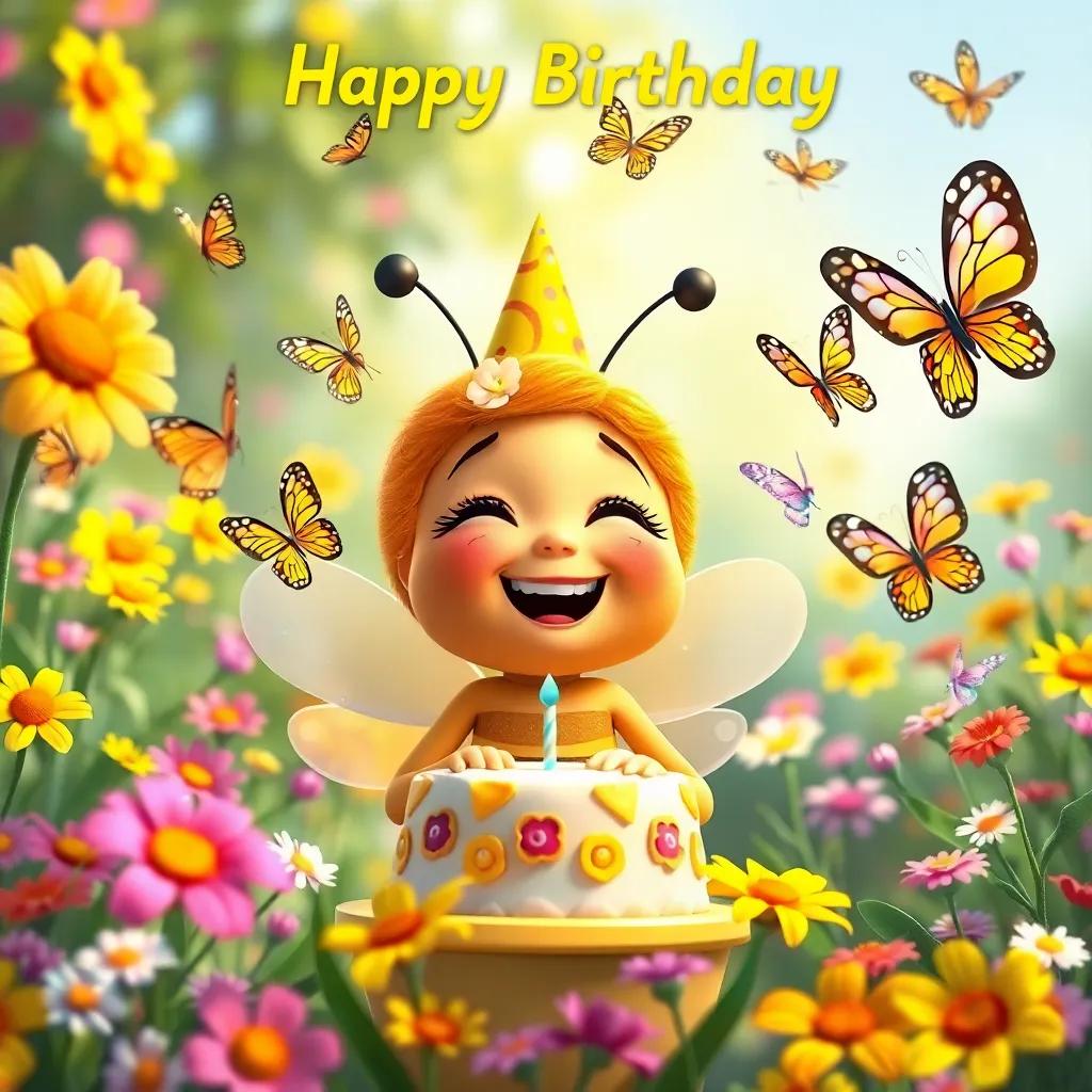 A joyful scene of Bella the bee celebrating her birthday with butterflies in a colorful garden, laughter and flowers everywhere, digital art, festive atmosphere, bright colors, heartwarming scene