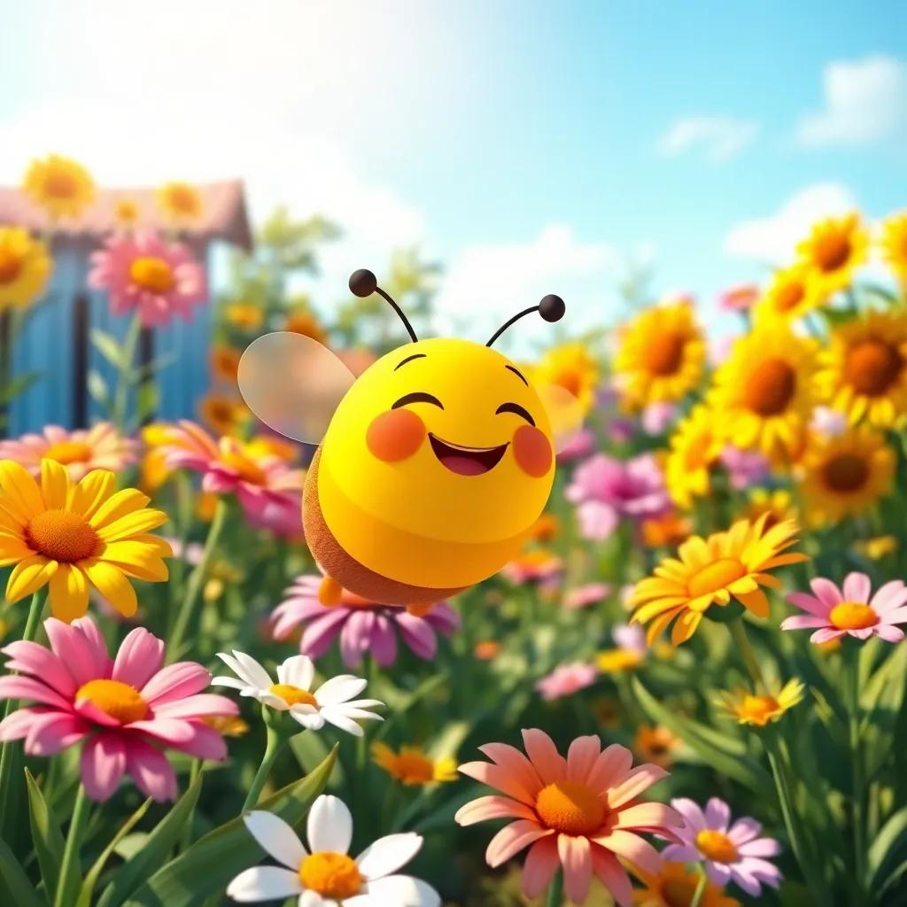 A sunny garden filled with colorful flowers, a joyful little bee named Ana buzzing excitedly, digital art, vibrant colors, warm light, playful atmosphere, high quality