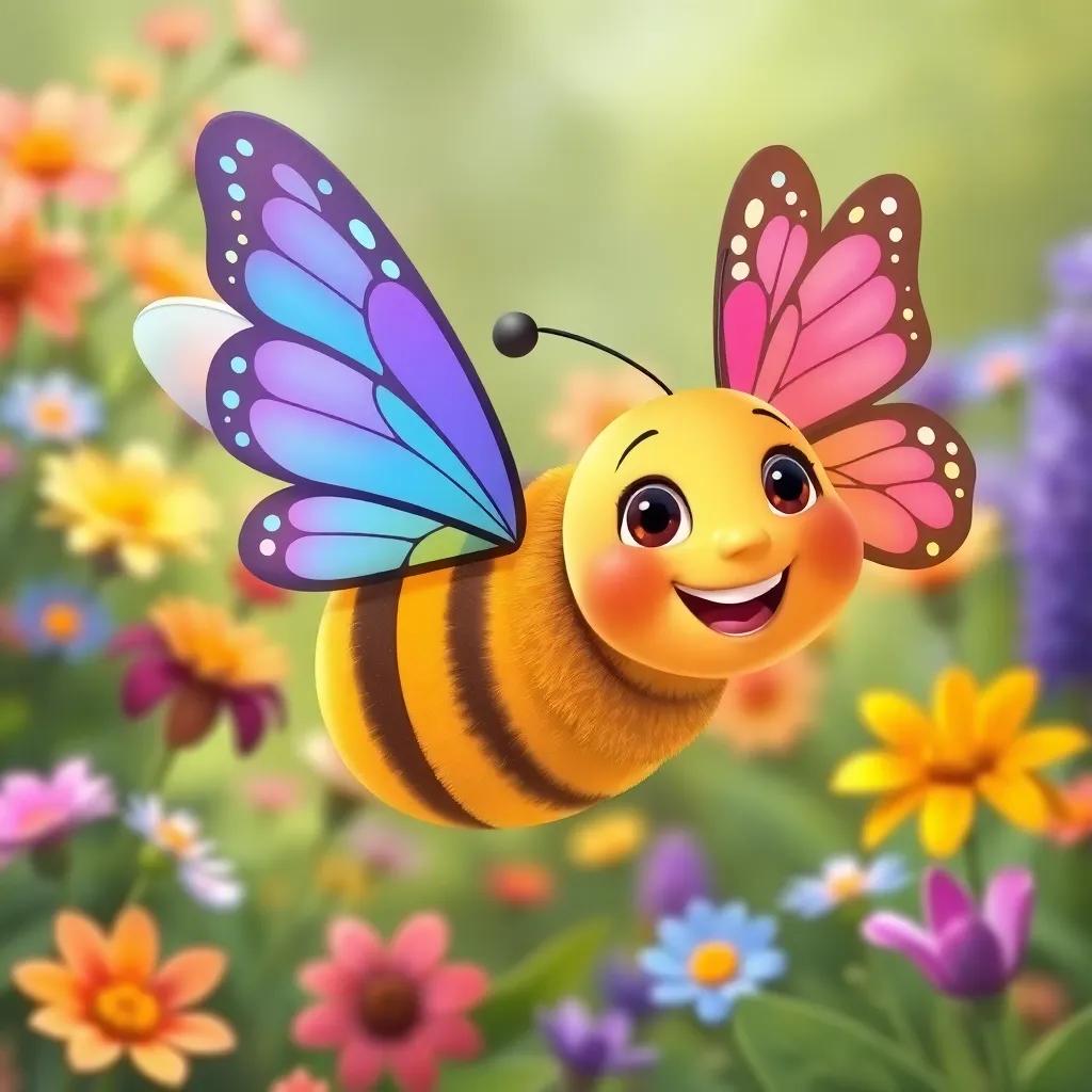 A busy little bee, Ana, flying through the garden, approaching a butterfly with colorful wings, cheerful expression, beautiful flowers in the background, illustration, bright colors, happy scene