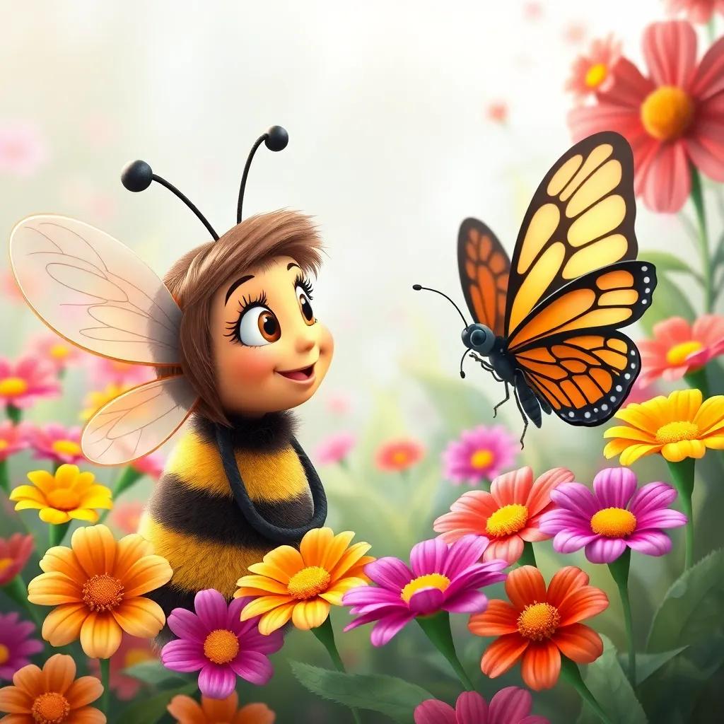 Ana the bee talking to a butterfly about her birthday party, surrounded by vibrant flowers, a smile on her face, the butterfly looking intrigued, detailed art, colorful and inviting, friendly tone