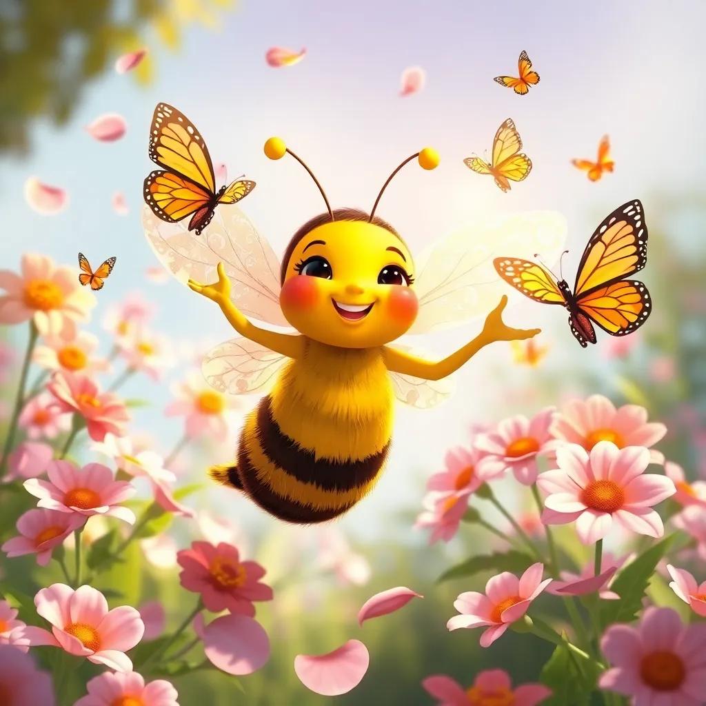 Ana the bee inviting more butterflies, with petals scattered around and flowers blooming, her wings shining in the sunlight, fun and festive mood, vibrant digital illustration, engaging