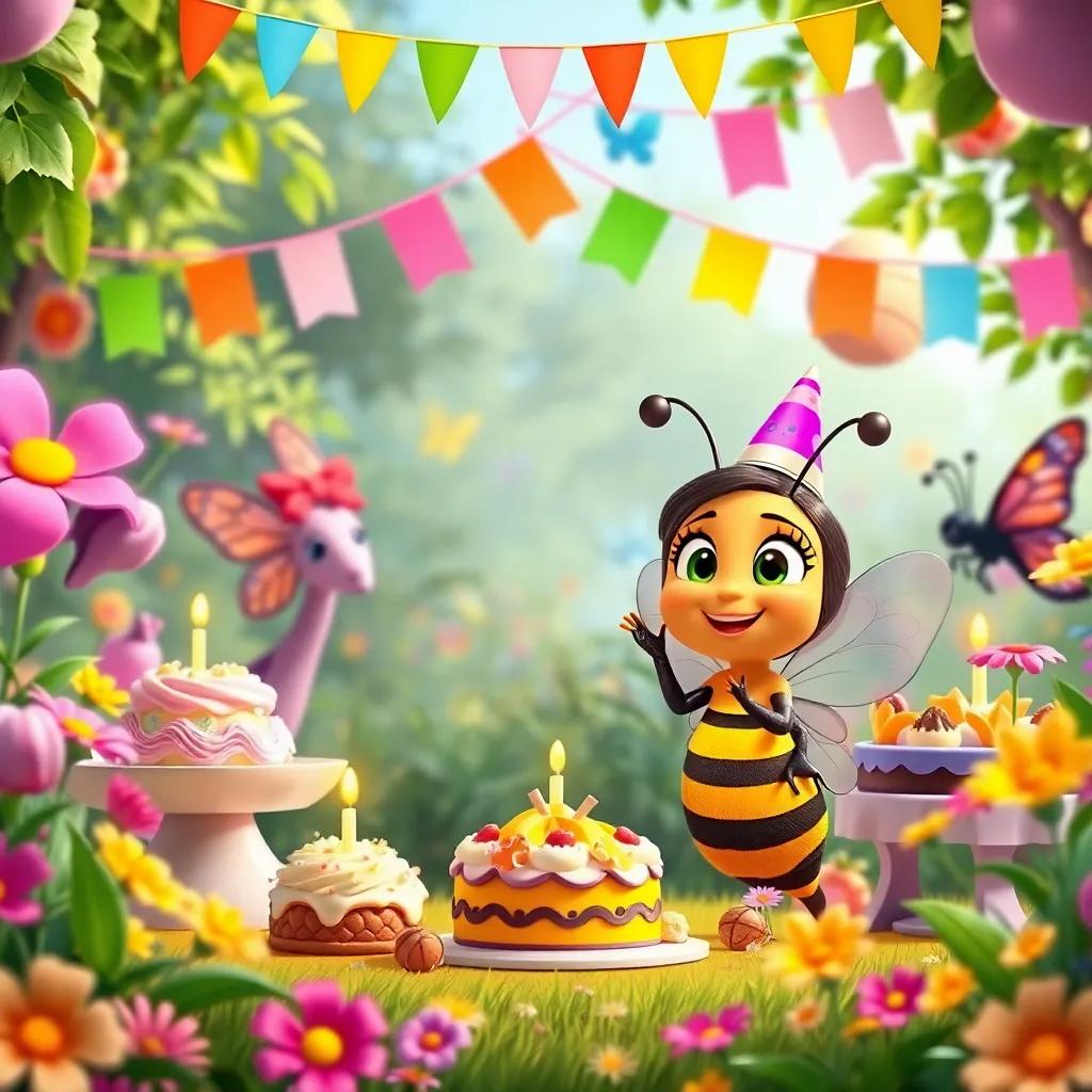 A lively birthday party scene in the garden with Ana the bee happily celebrating with her butterfly friends, colorful decorations, sweets, and flowers everywhere, joyful atmosphere, cartoon style, bright colors