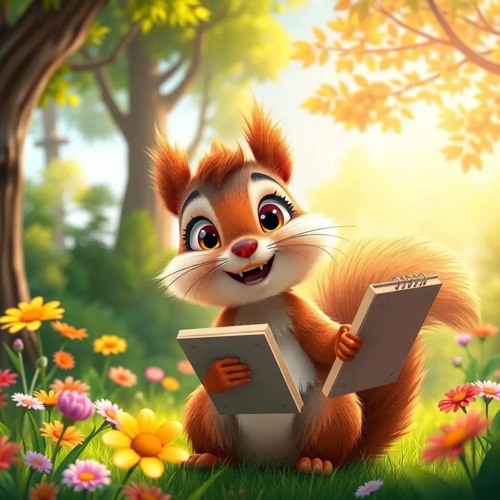 A joyful scene in a sunny forest, a cheerful squirrel, Ruby, with fluffy brown fur and bright eyes, looking excited as she plans her birthday party with a sketchbook, colorful flowers and green trees around, digital art, vibrant colors, cheerful atmosphere, high quality