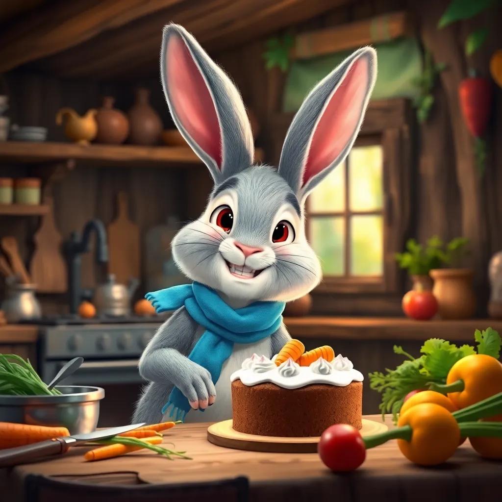 A smiling rabbit, Rocco, with soft gray fur, wearing a tiny blue scarf, happily baking carrot cake in a cozy forest kitchen, surrounded by kitchen tools and fresh vegetables, warm light, colorful, friendly setting, digital illustration, inviting
