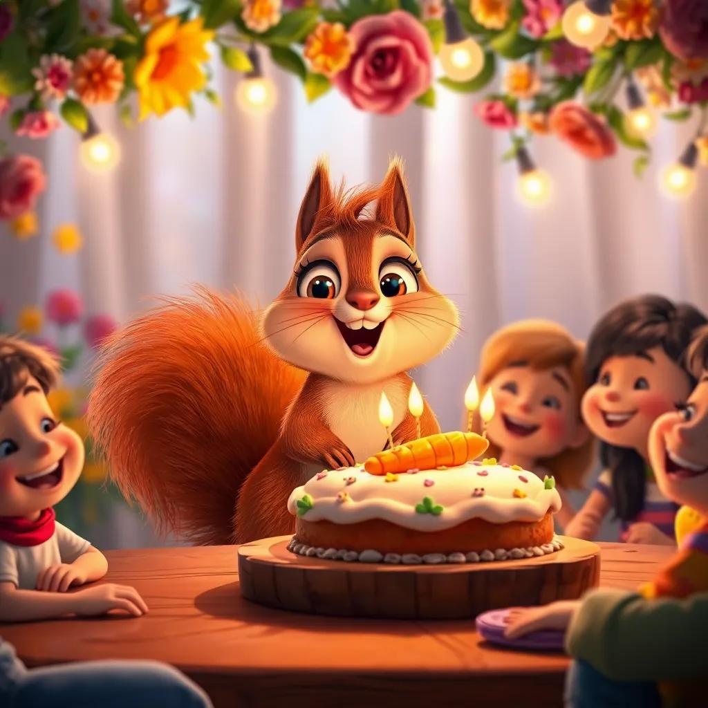A beautifully decorated birthday corner with flowers and lights, a delighted squirrel, Ruby, opening her eyes wide in surprise, a carrot cake on a wooden table, friends gathered around with happy faces, warm glowing lights, festive and joyful ambiance, digital art