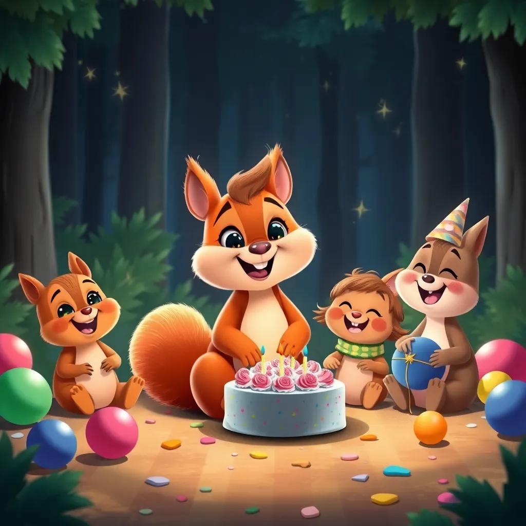 Ruby, the cheerful squirrel, sitting with friends in a forest clearing after the party, surrounded by colorful balloons and cake crumbs, all smiling and enjoying the moment under twinkling stars, a feeling of happiness and friendship, heartwarming scene, digital illustration