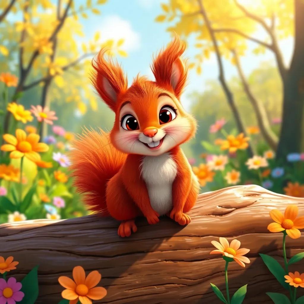 A happy squirrel, Susi, with fluffy red fur and bright eyes, sitting on a wooden log in a sunny forest, surrounded by colorful flowers, digital art, vibrant colors, cheerful atmosphere, high quality