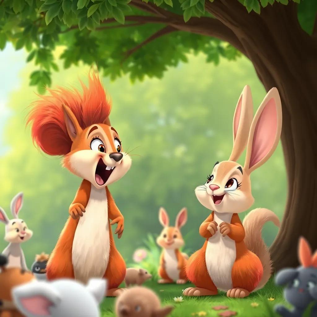 Susi the squirrel with fluffy red fur, excitedly talking to Timi the rabbit, with big ears and white fur, under a green tree, while other animals gather around, illustration, lively, engaging, child-friendly