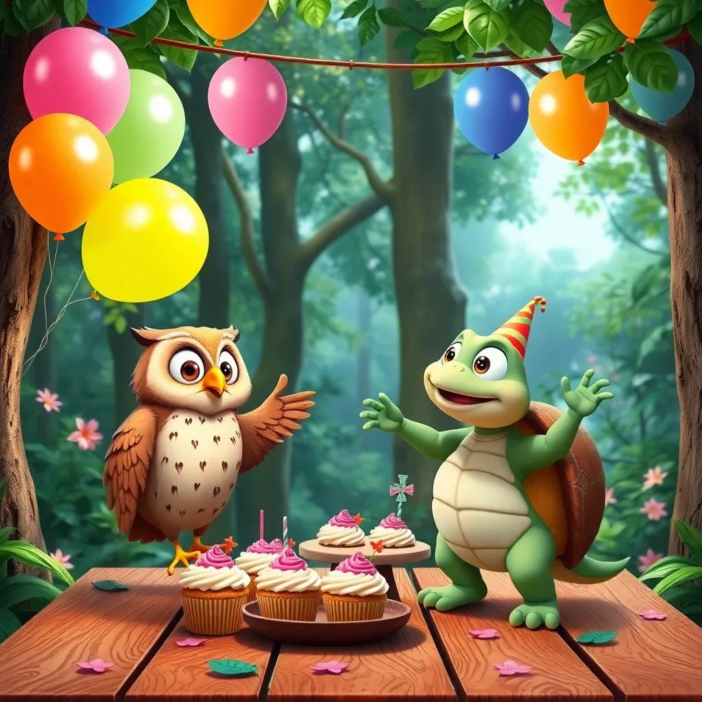 A decorated forest party scene with colorful balloons, cupcakes on a wooden table, and happy animals like a wise owl and a cheerful turtle dancing together, bright and colorful, fantasy, fun atmosphere, high quality