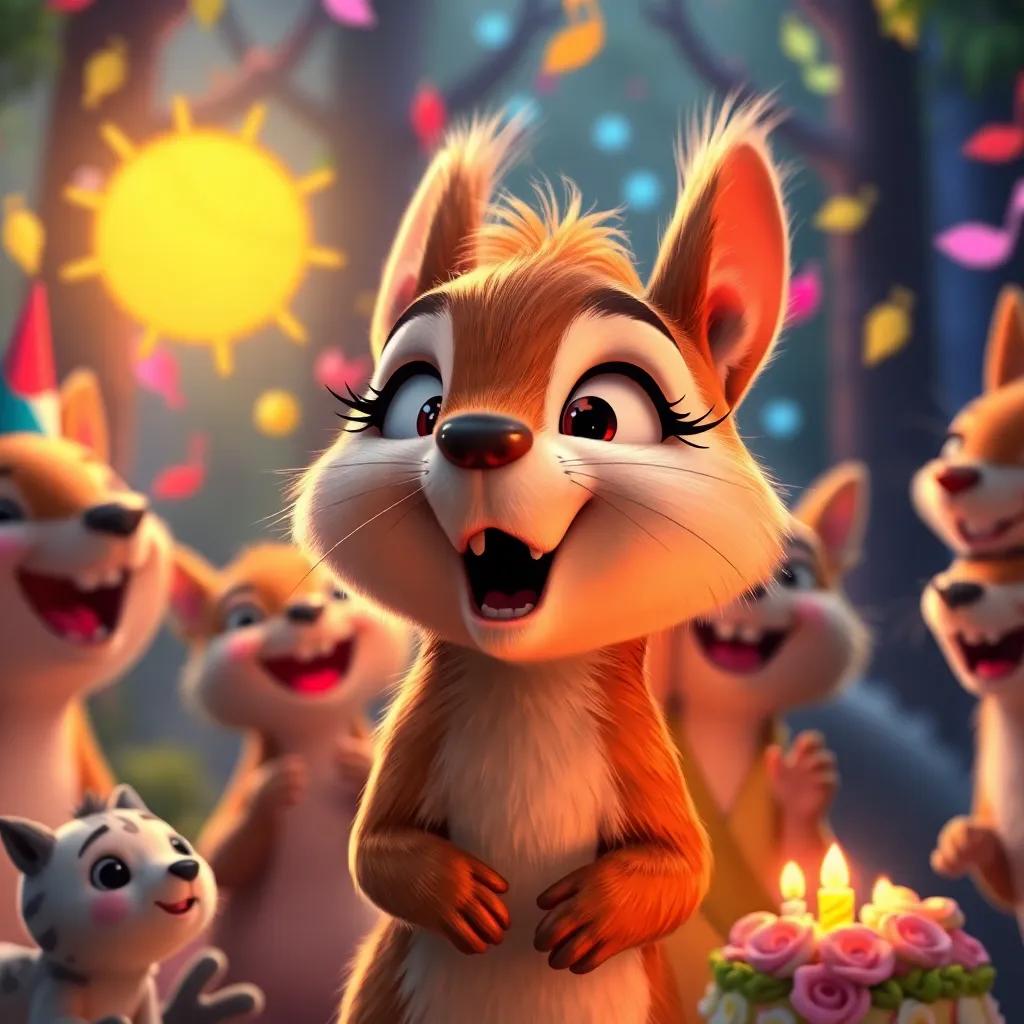 Susi the squirrel looking surprised with her mouth open, surrounded by forest friends celebrating her birthday with music and laughter, colorful light, joyful expressions, detail-rich, celebration scene, high quality